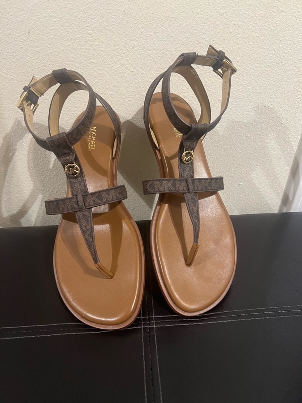Michael Kors Brown MK Monogram T-Strap Sandals - Picture 2 of 6